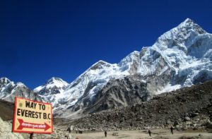 Signboard show the way to Everest base camp trek from Gorakshep Nepal