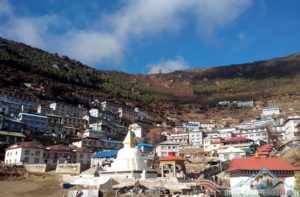 Short Everest trek to see the Himalayas pass through Namche bazaar, New fountain at Namche Bazaar Nepal the gateway to Everest region Himalayas