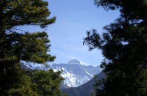First glimpse of Mount Everest on EBC trail below Namche bazaar